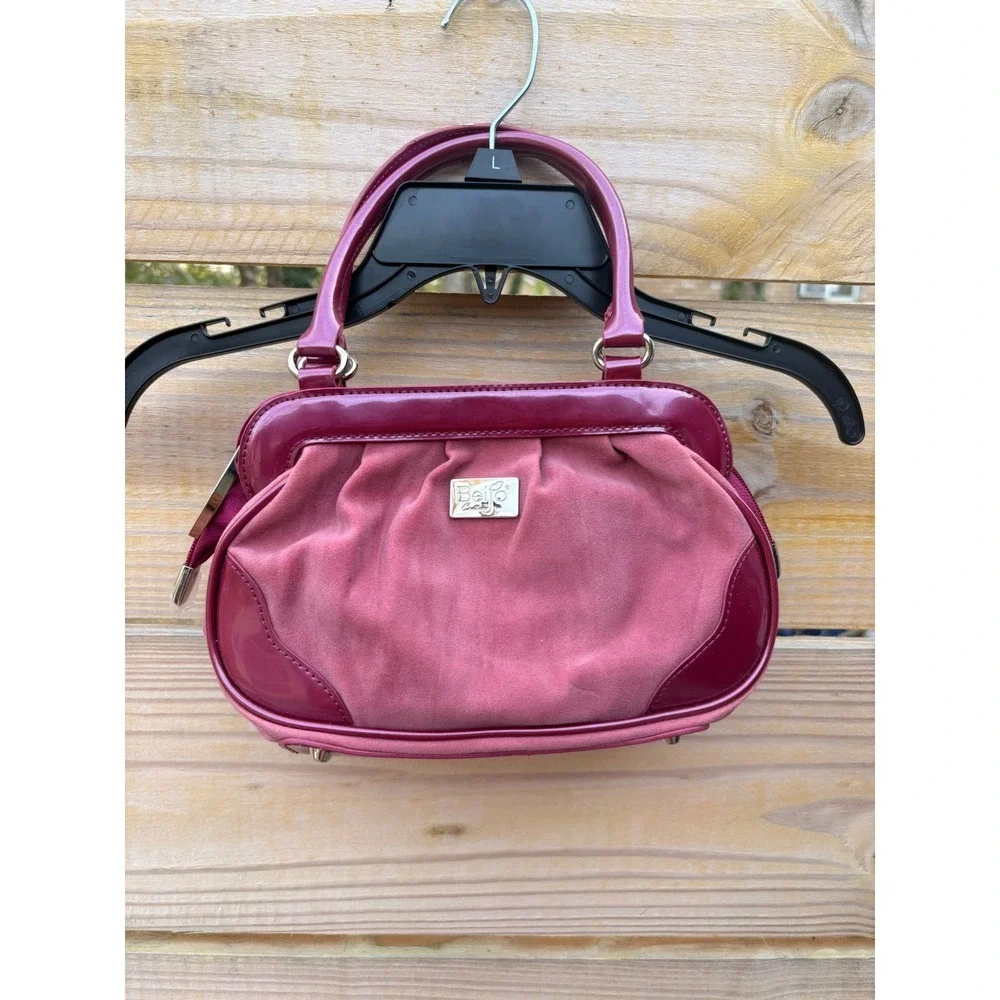 Y2K Beijo Couture Satchel Handbag Mauve Patent Trim Ruched Faux Suede Frame 11in